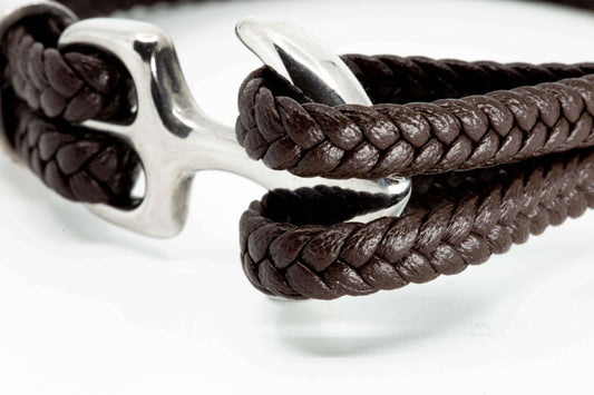Brunt läderarmband med ankare för herrar
