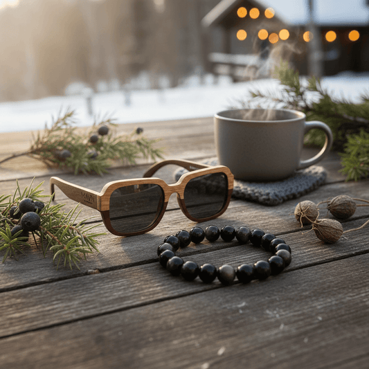 Gåvoset för herr med Sorell träsolglasögon och Fyledalen pärlarmband i silvery obsidian